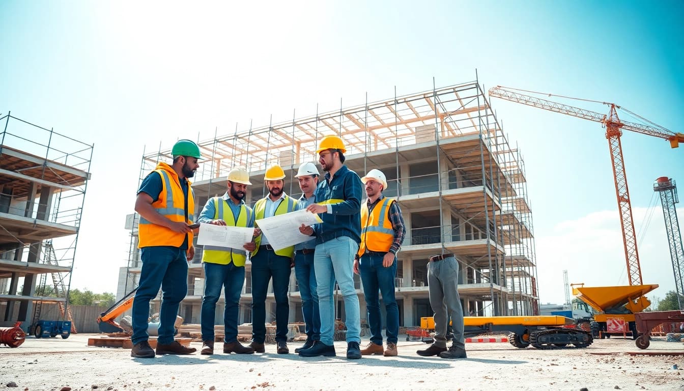 Construction association professionals collaborating on-site, showcasing teamwork and industry dedication.