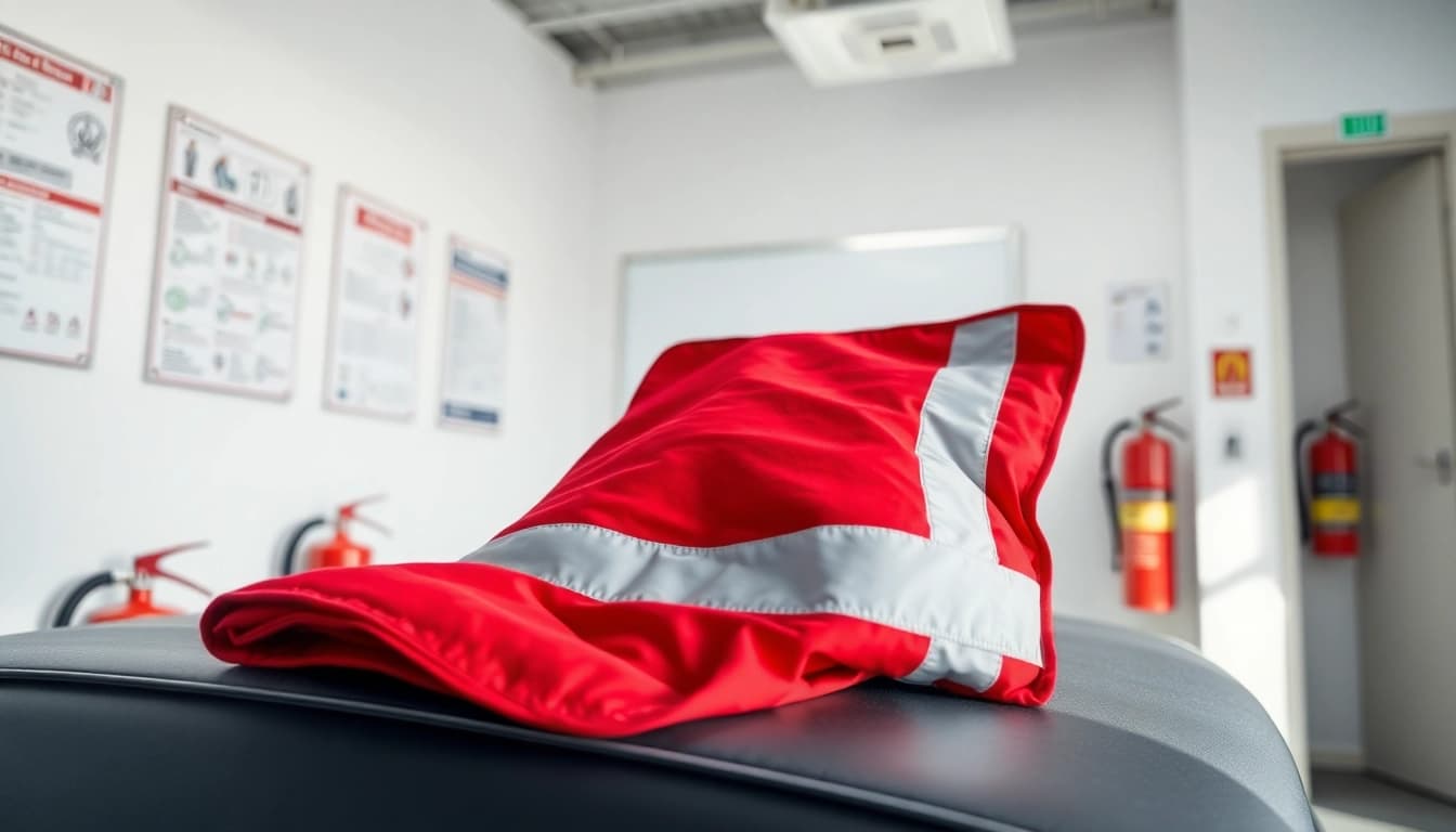 Demonstrating the vehicle fire blanket in a safety training environment, emphasizing its bright design and reflective features.