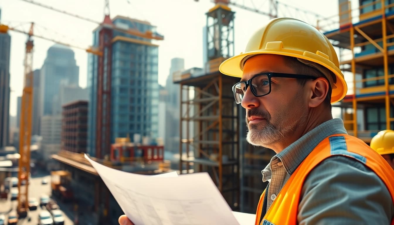 New York City Construction Manager guiding a team on an urban building site.