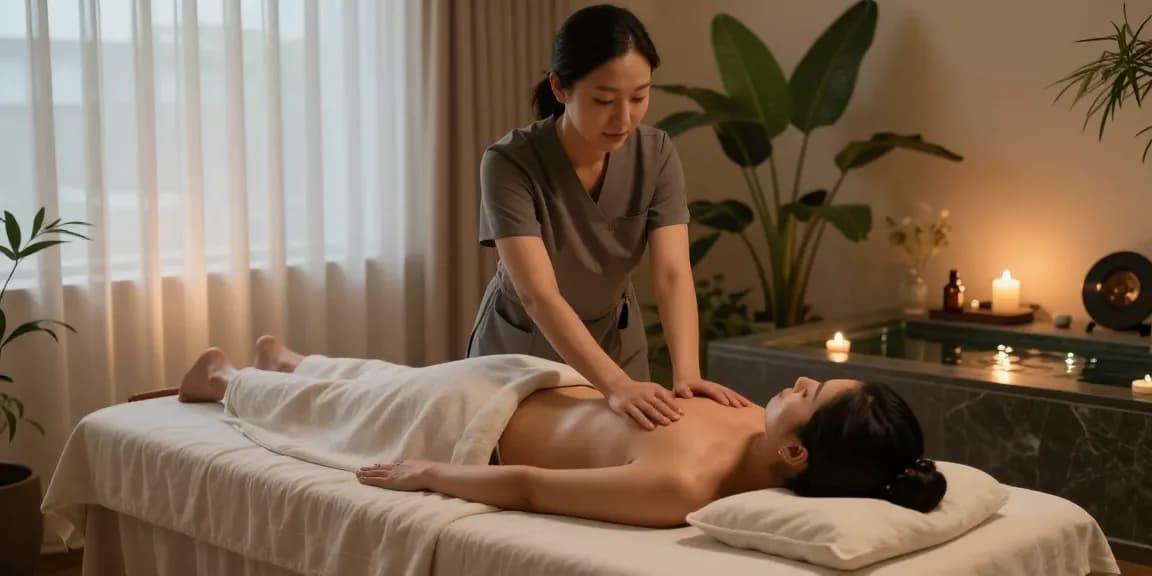 Client enjoying a 강동구출장마사지 session in a tranquil spa environment, with essential oils and soft lighting.