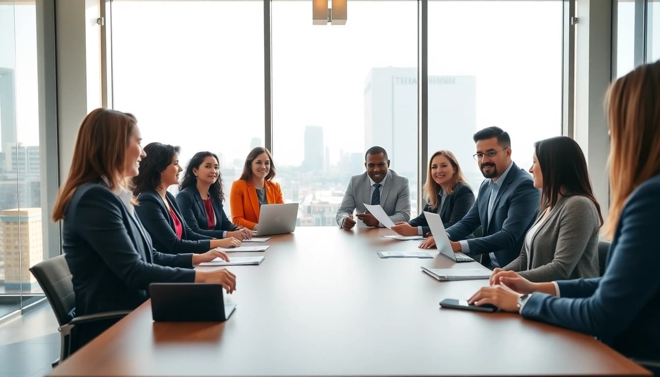 Engaged team discussing Federal and State contracts in a bright office environment