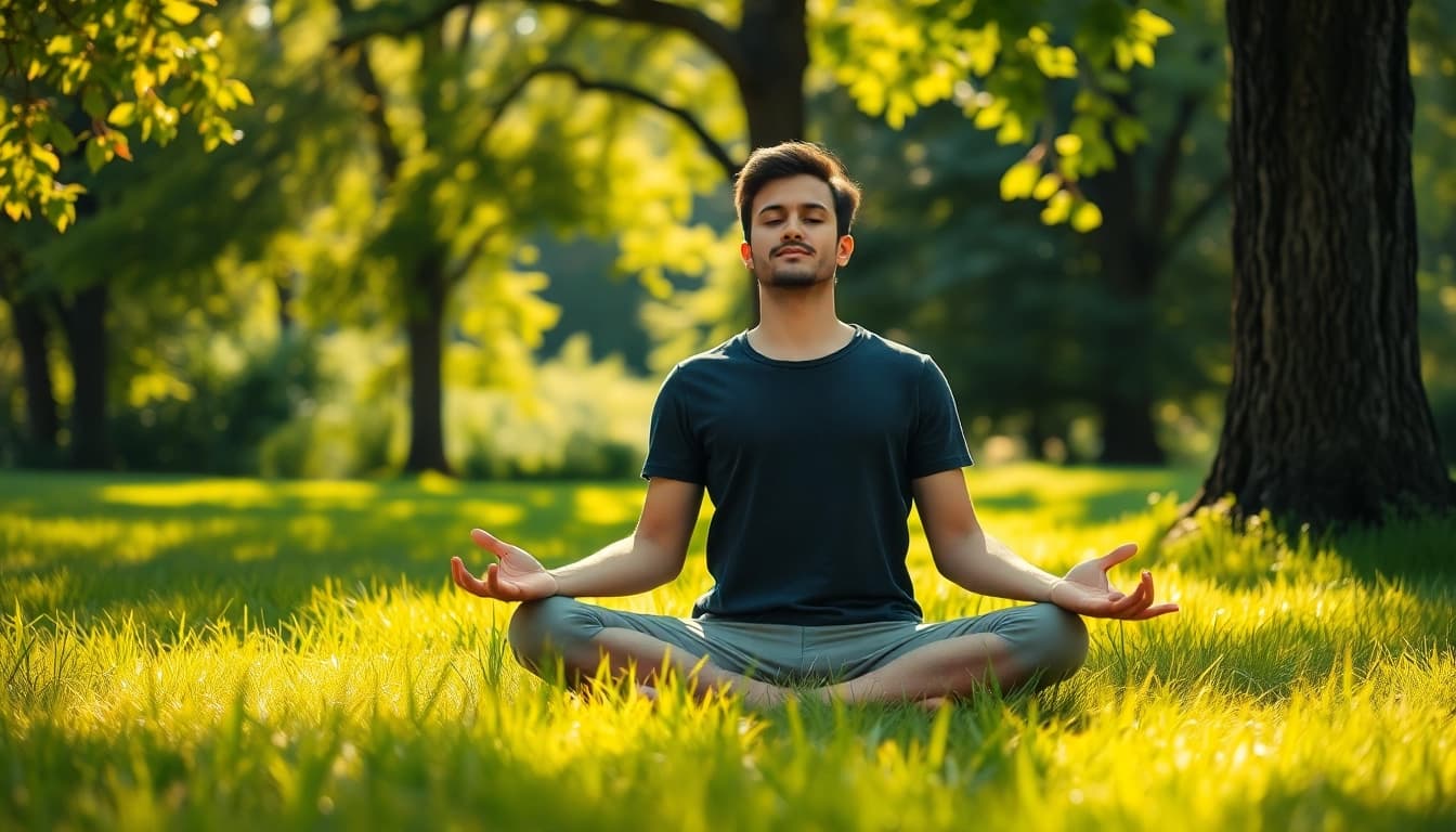 Individual meditating outdoors to showcase calmness from stress and anxiety relief techniques.