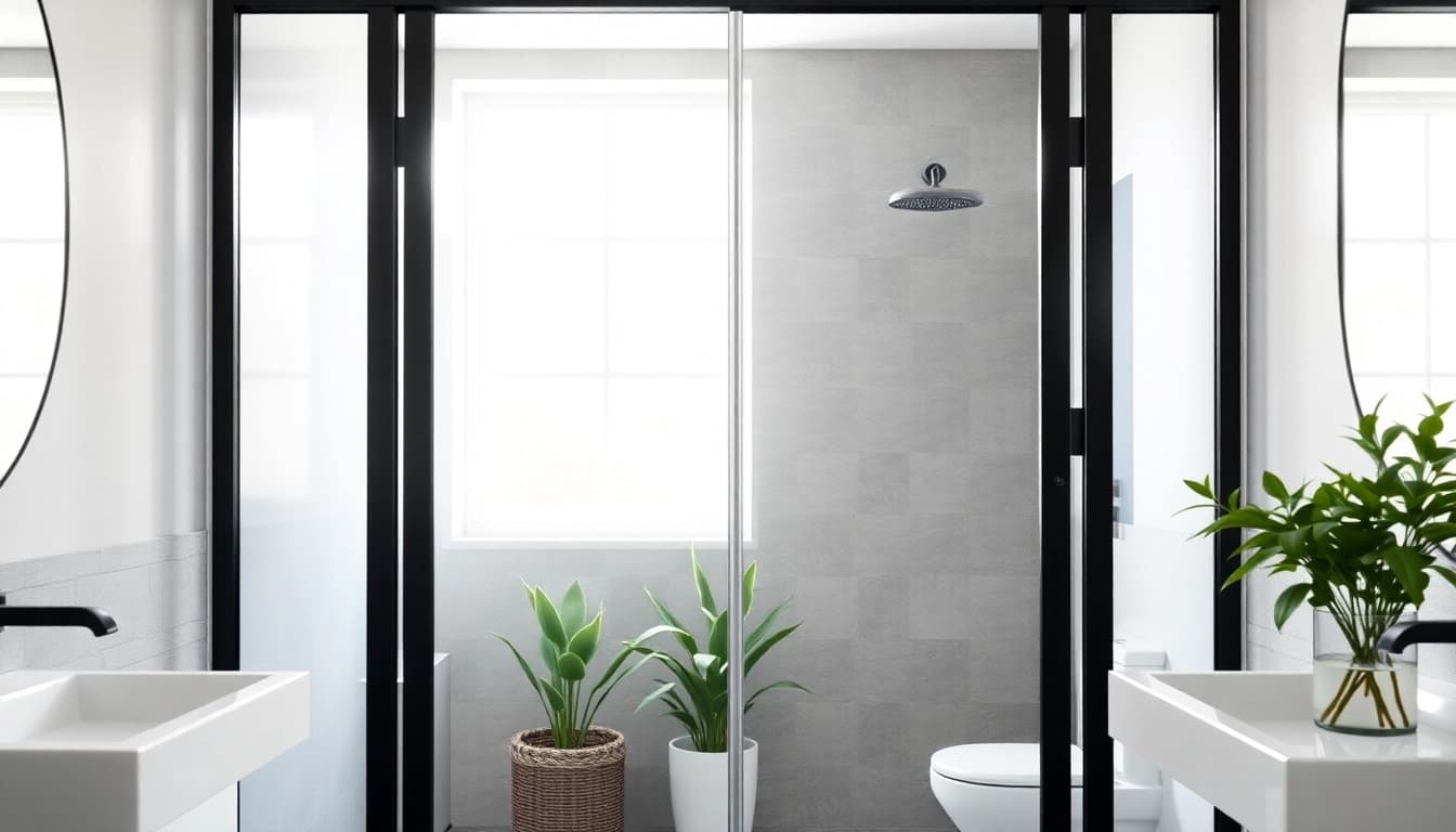 Showcasing black frame shower doors with elegant design in a modern bathroom setting.