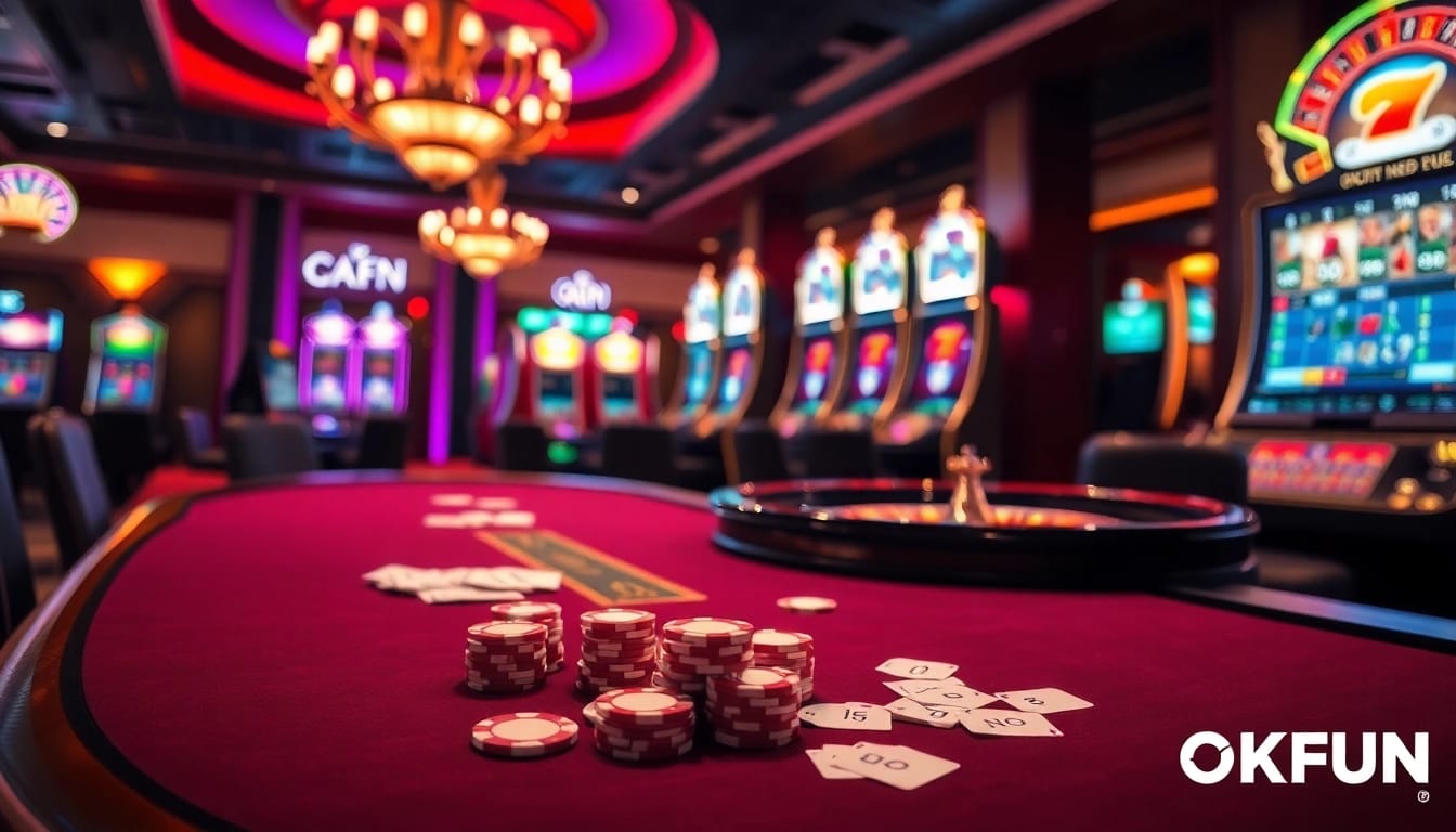 Exciting gambling action at OKFUN casino featuring poker tables and vibrant slot machines.