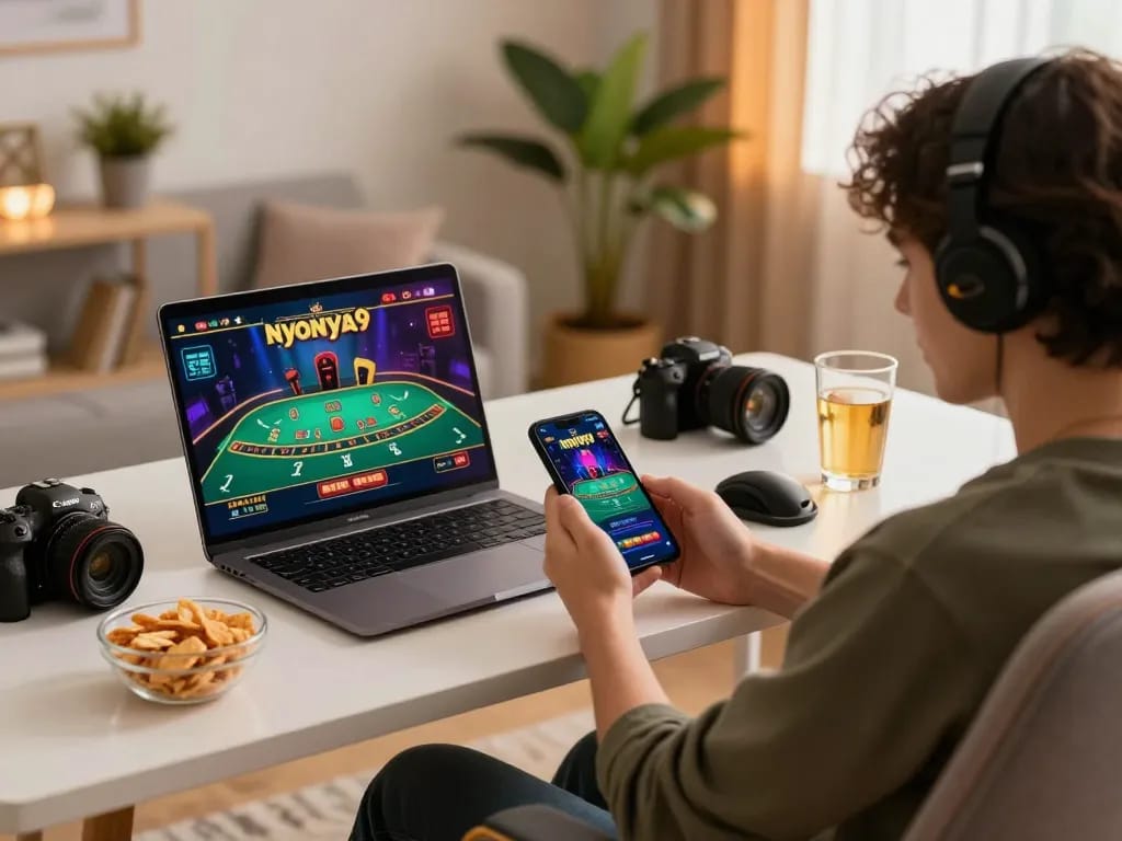 Nyonya9 player enjoying mobile gaming with vibrant setup and cozy atmosphere