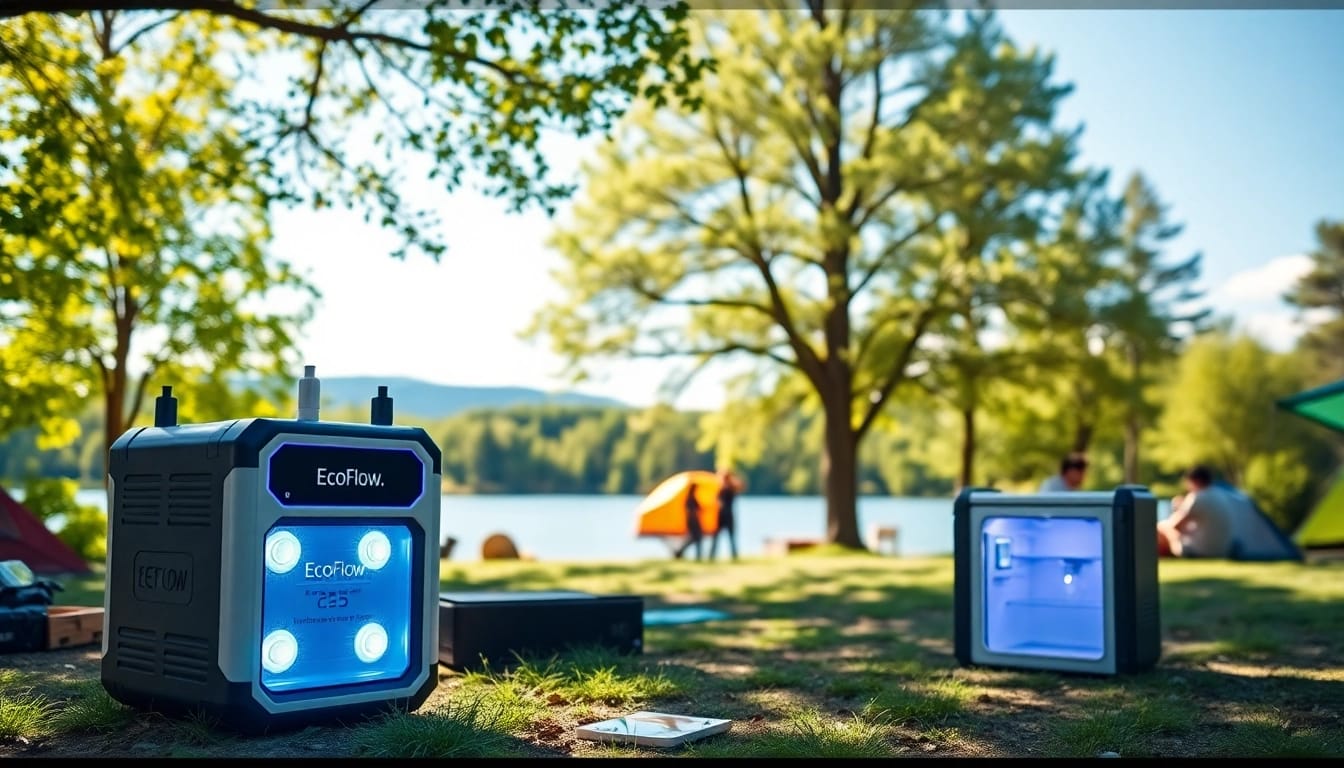 Utilize EcoFlow power stations in a bright campsite with vibrant nature and engaging activities.