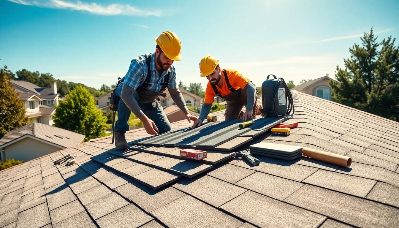 Professional roofing company team installing shingles on a home rooftop
