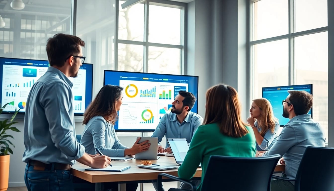 Conducting Content Gap Analysis in a collaborative office setting with professionals engaged in discussion.