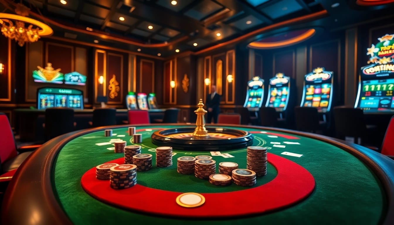 Engaging scene showcasing excitement at nhà cái cm88 poker game with chips and cards in a luxurious casino.