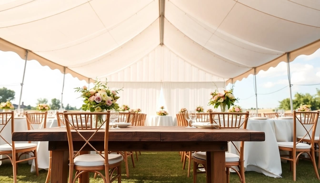 Discover exquisite Wedding Tent Chair & Table Rentals in a beautifully arranged outdoor venue.