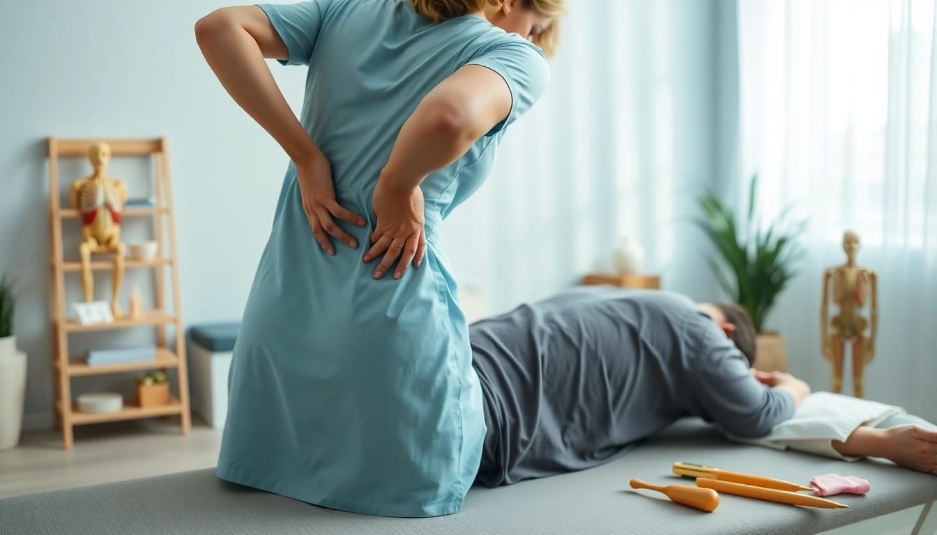 Therapist aiding a patient with back pain treatment in a calming clinic.
