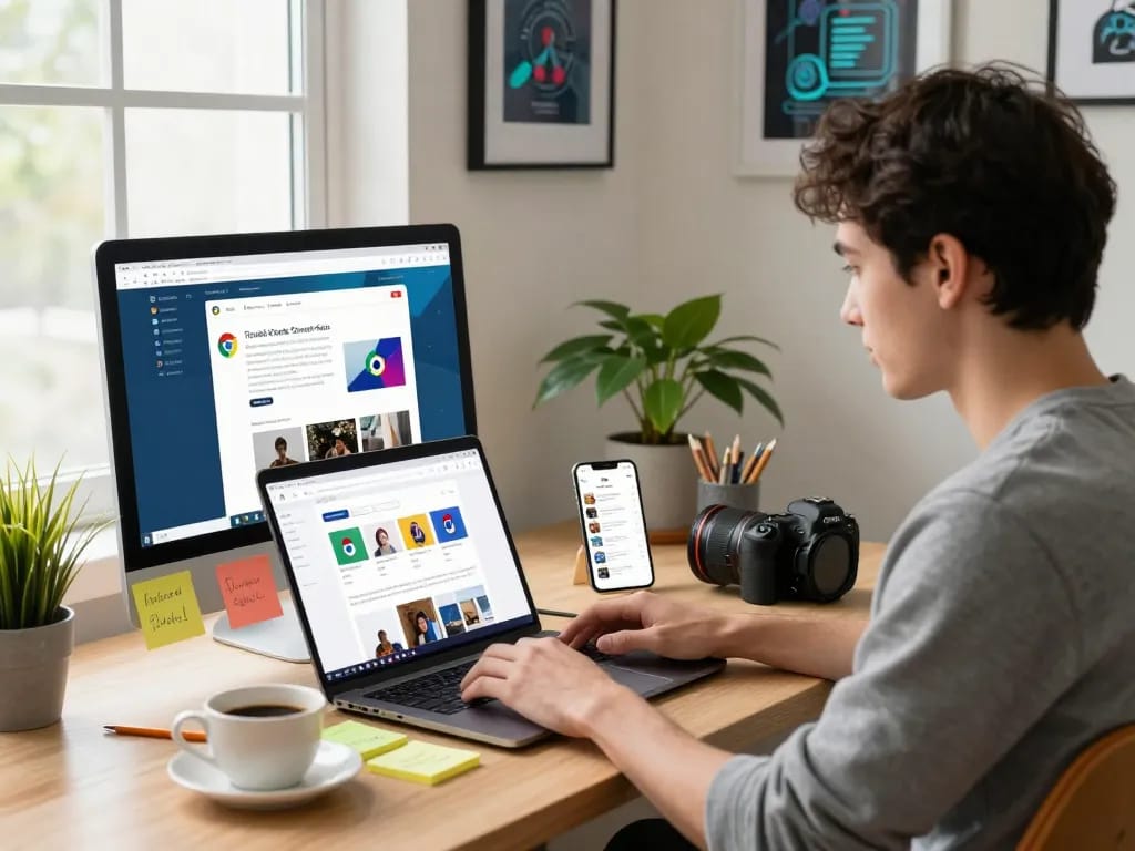 Dynamic scene showing a professional using 谷歌浏览器 on laptop and mobile in a cozy workspace, with coffee and stationery.