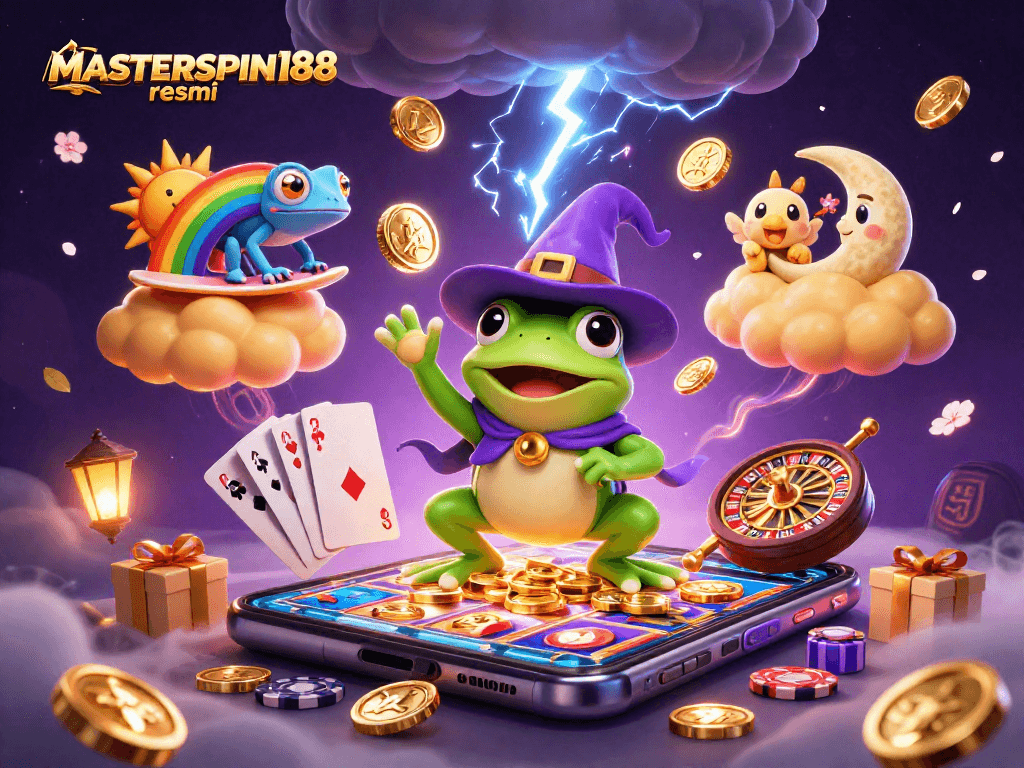 Experience the excitement of MASTERSPIN188 resmi as the weather wizard frog creates coin storms amidst vibrant gaming elements.