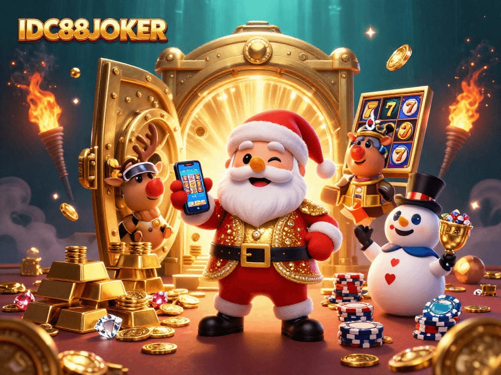 Play exciting slots with IDC88JOKER, featuring a festive casino scene with Santa Claus and gaming treasures.