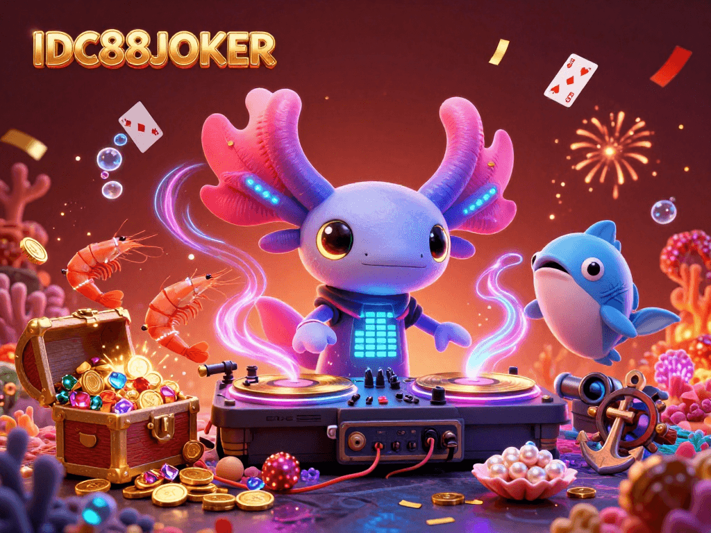 Experience the vibrant energy of IDC88JOKER with a neon axolotl DJ and dancing sea creatures in a casino-themed underwater world.