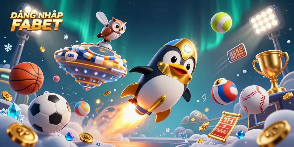 Experience high-stakes gaming with ĐĂNG NHẬP FABET featuring a penguin and vibrant casino elements.
