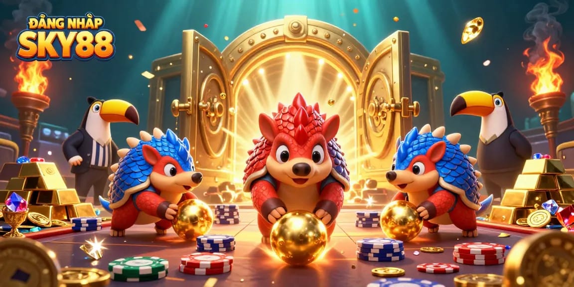 Increase your chances with ĐĂNG NHẬP SKY88 at this vibrant casino scene featuring rival pangolins!
