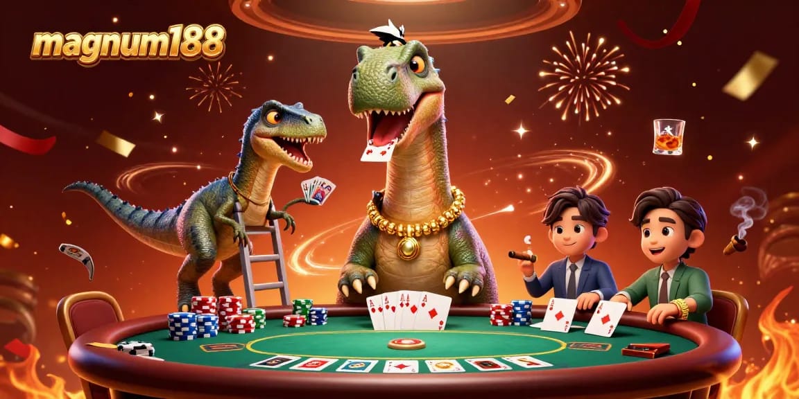 Experience the excitement of magnum188 with a playful brontosaurus and clever raptor at a vibrant poker scene.
