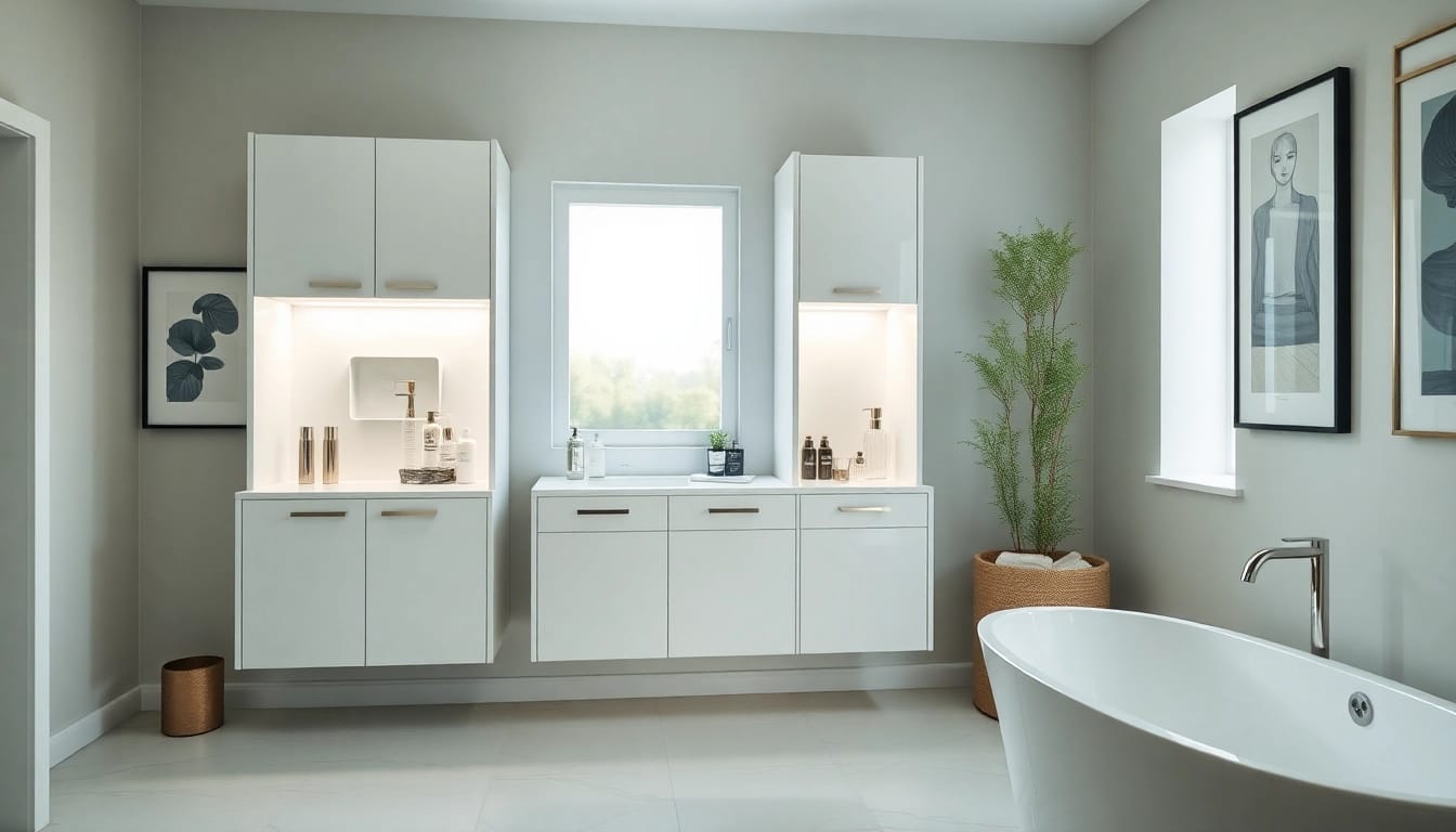 Showcase of illuminated bathroom cabinets reflecting elegant design in a modern bathroom setting.