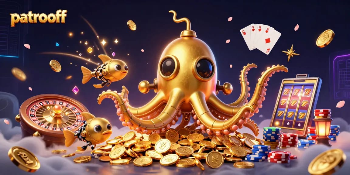 Engage with the thrilling world of patroloff featuring a golden kraken submarine amid swirling gold coins and slot reels.
