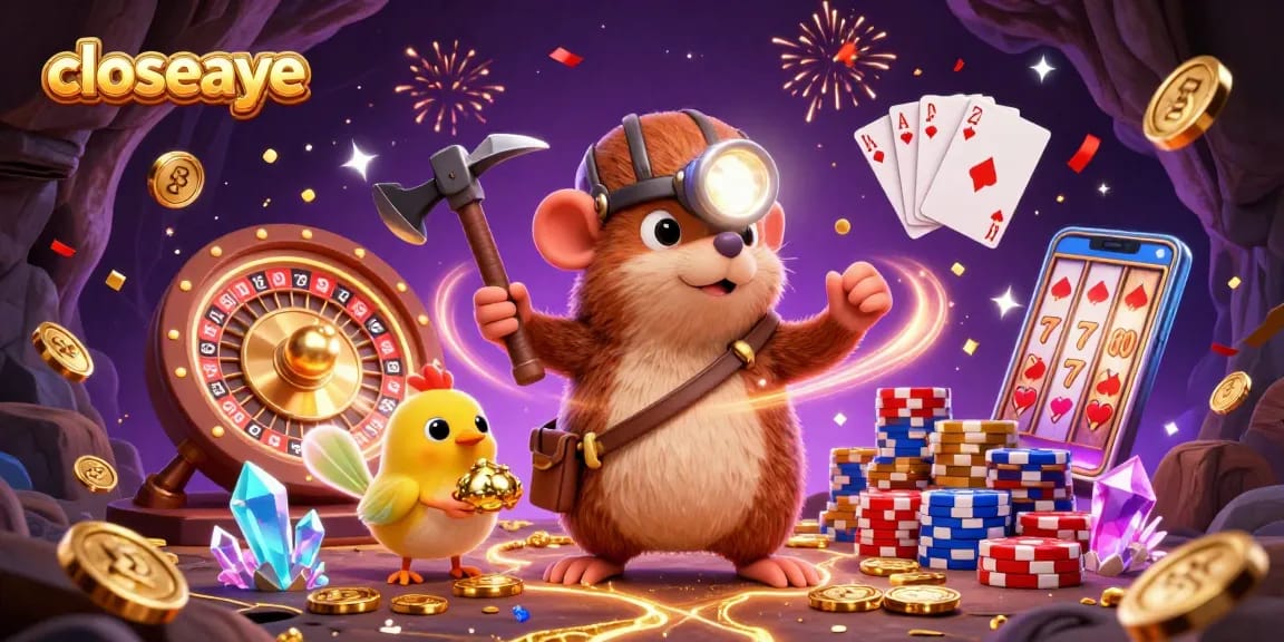 Closeaye offers thrilling casino experiences with a treasure hunter mole and vibrant illustrations of gaming elements.