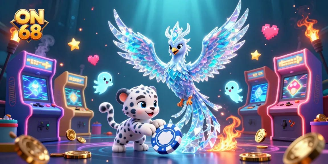 Experience the thrill of gaming with ON 68's dynamic casino atmosphere, featuring an ice phoenix and engaging characters.