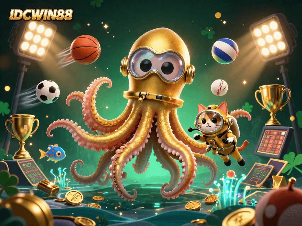 Experience thrilling wins at IDCWIN88 with a spectacular 3D casino scene featuring a kraken, diving cat, and dynamic sports elements.