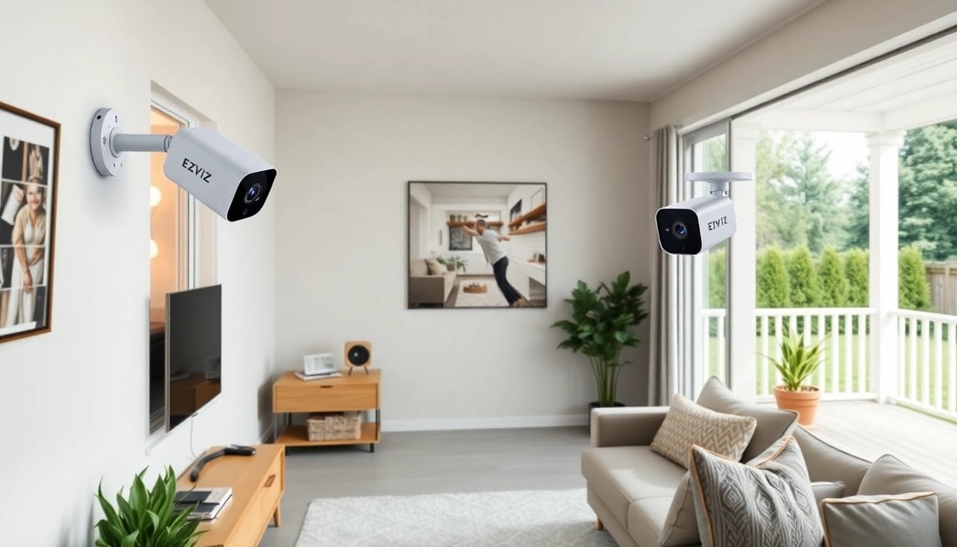 Cámaras EZVIZ monitoreando un entorno doméstico moderno para una mayor seguridad.