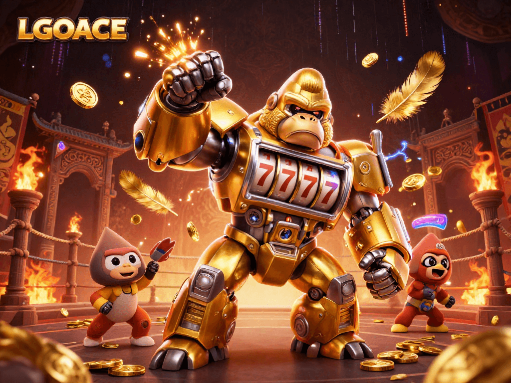 LGOACE gaming illustration featuring a golden gorilla mech with slot machine parts and vibrant casino elements.