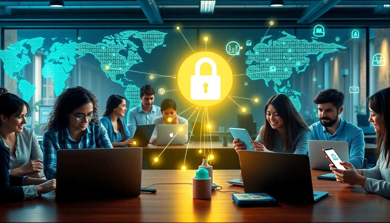 展示在多元化科技工作空间中的快速互联网连接的快连 VPN 服务。