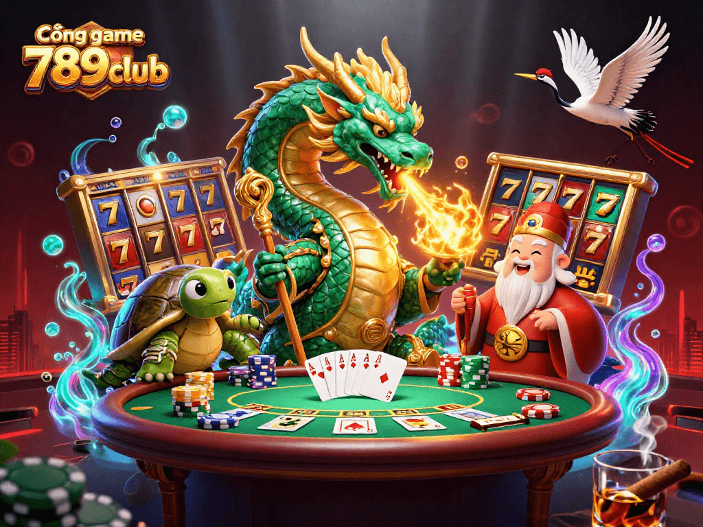 Cổng game 789club mang đến trải nghiệm hoàn hảo với hình ảnh rồng ngọc bích và các biểu tượng may mắn trên bàn chơi.