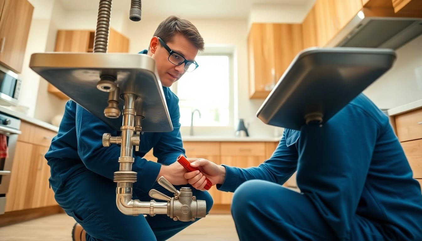 Plumber near me fixing a leaky sink in a modern kitchen setting.