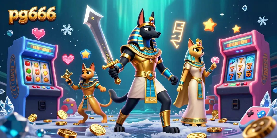 Experience thrilling gaming at pg666 with the vibrant Egyptian warrior and Bastet amidst abundant casino elements.