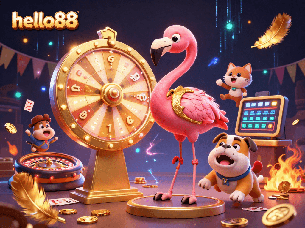 Engage in thrilling games with hello88, showcasing a vibrant 3D scene of a game show host and exciting live casino action.