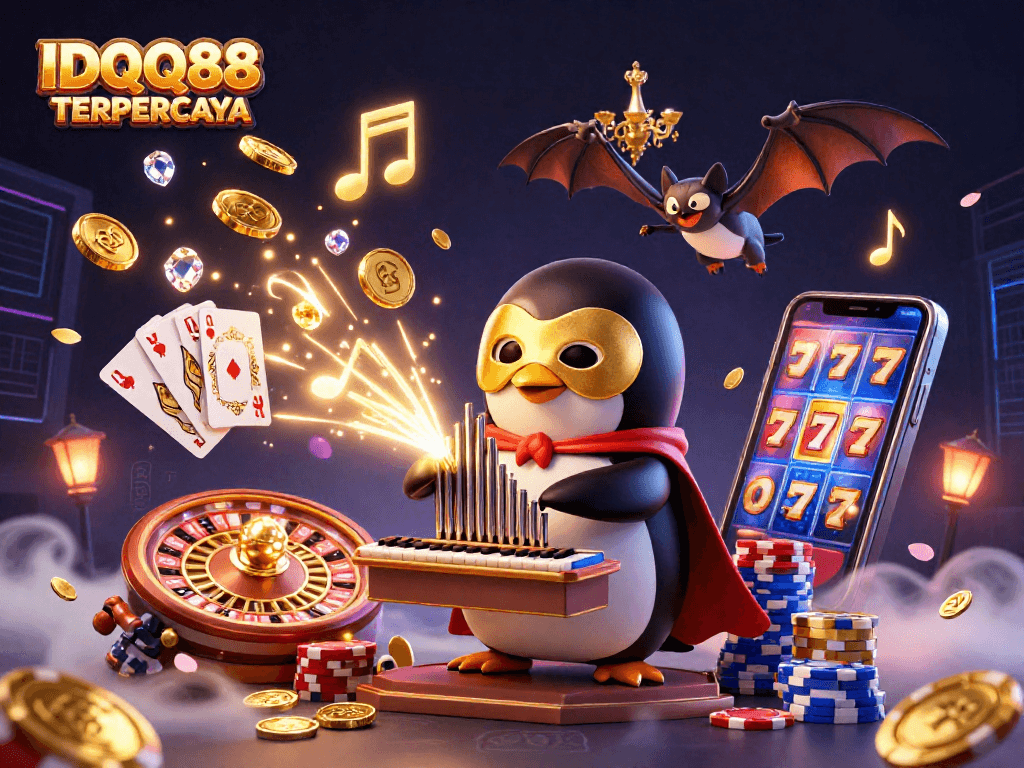 Experience the thrill of IDQQ88 TERPERCAYA with a vibrant 3D casino illustration full of action.