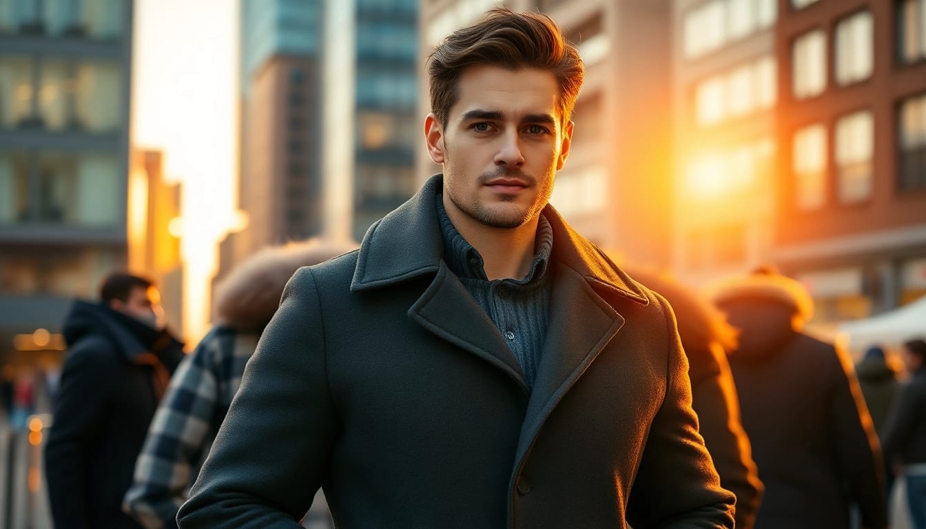 Showcasing stylish winter coats men in an urban setting during golden hour light.