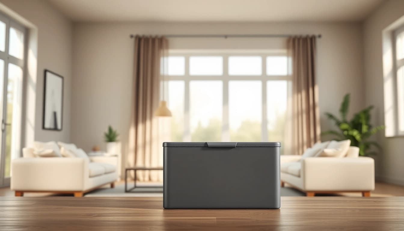 Organized storage box in a stylish home setting, highlighting its sleek design and functionality.