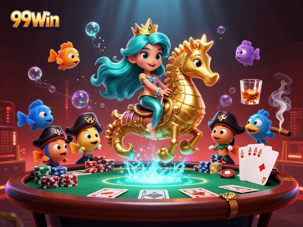 Join the excitement of 99Win with a vibrant underwater casino scene featuring a mermaid and poker elements.