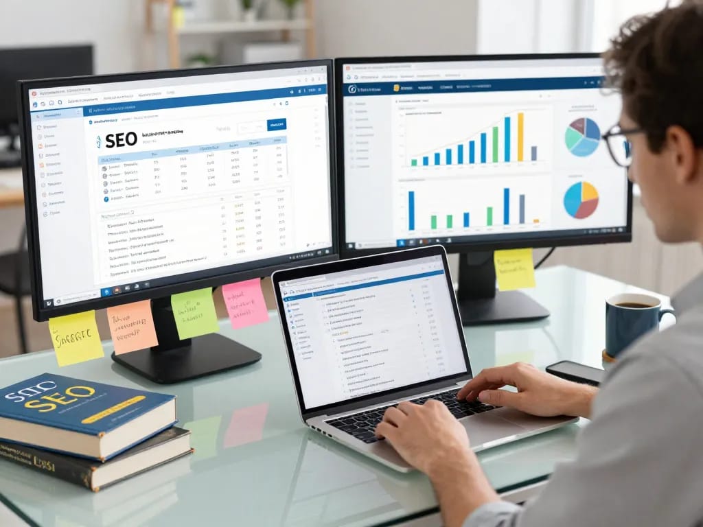 Digital marketing professional using group buy seo tools at a modern workspace with dual monitors and SEO strategy elements.