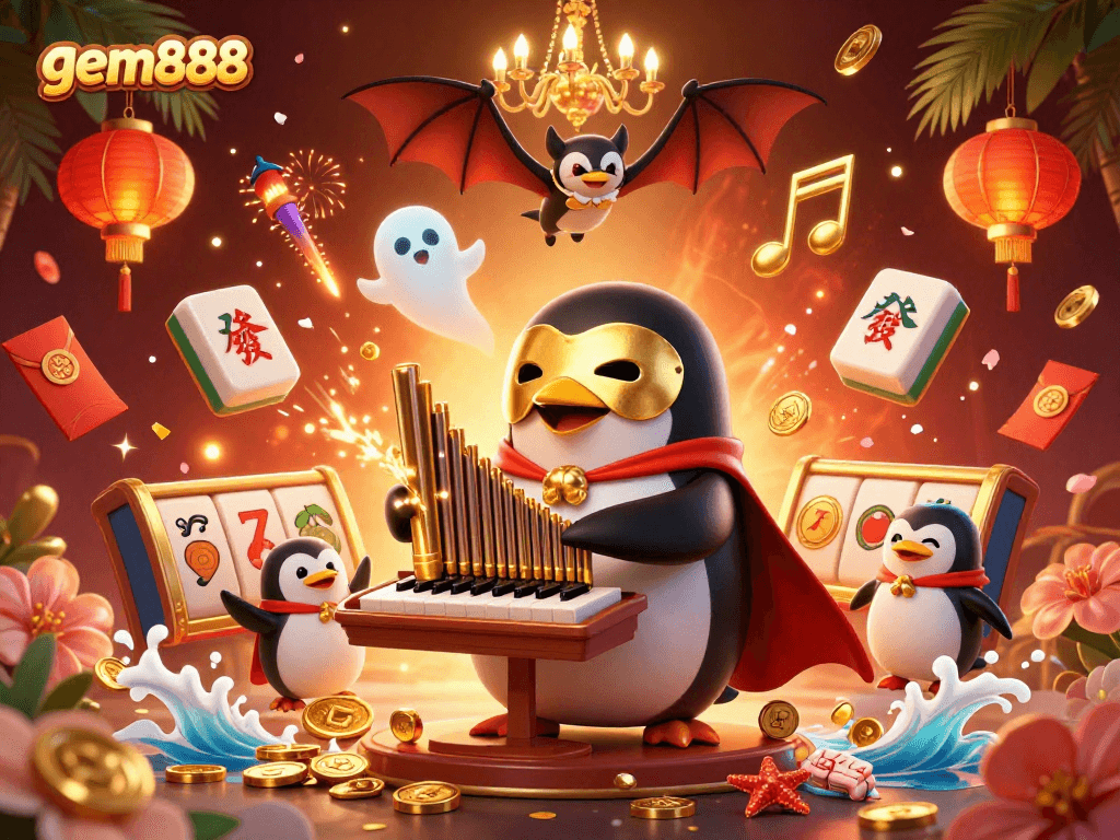 Experience the magic of gem888 with 3D cartoon characters in a vibrant casino scene full of golden coins and festive elements.