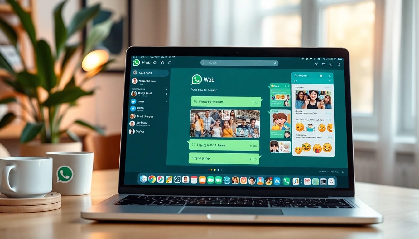 Seamlessly using WhatsApp网页版 on a laptop in a cozy home office setting