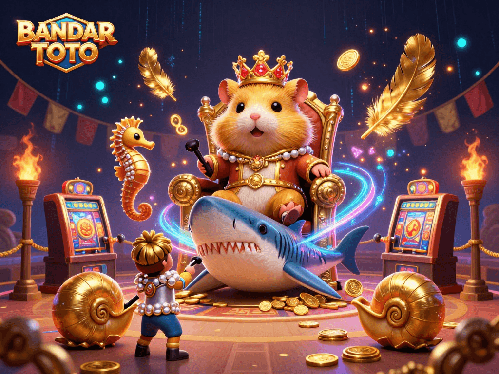 BANDAR TOTO showcases a fierce hamster king amid a dynamic gambling scene filled with slot machines and royal elements.