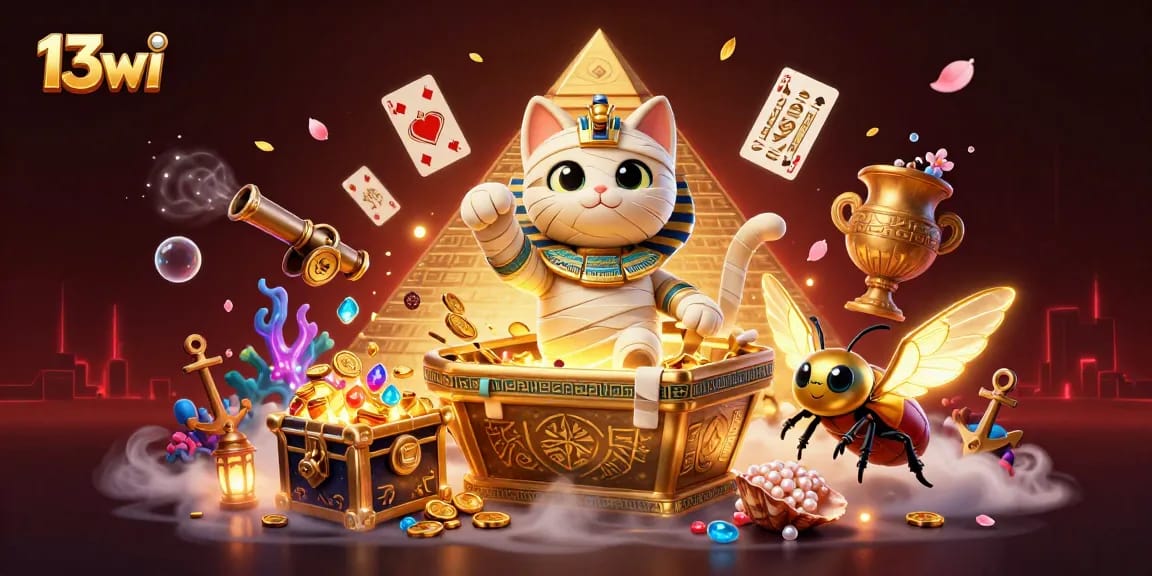 Engage with the thrilling world of 13wi in a vibrant 3D casino scene featuring dynamic Egyptian characters.
