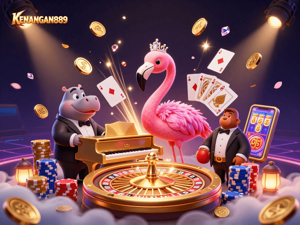 Experience KENANGAN889's vibrant casino atmosphere with lively characters and dynamic gaming elements.