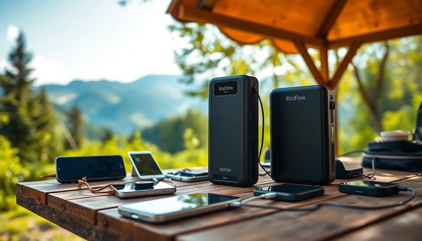 EcoFlow portable power stations charging devices in a natural outdoor setting.