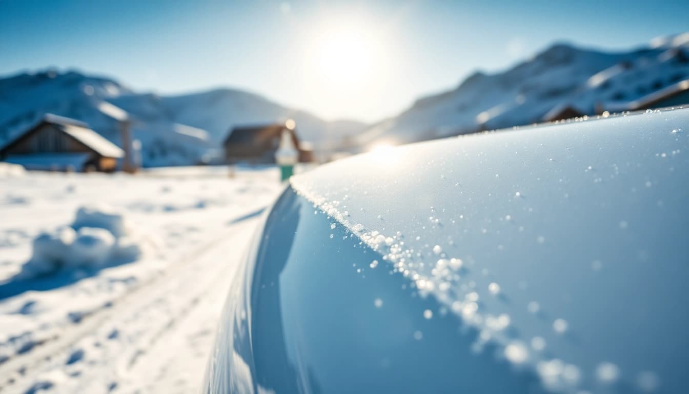 Showcase PPF winter road salt protection on a car in snowy landscape, highlighting its glossy finish.