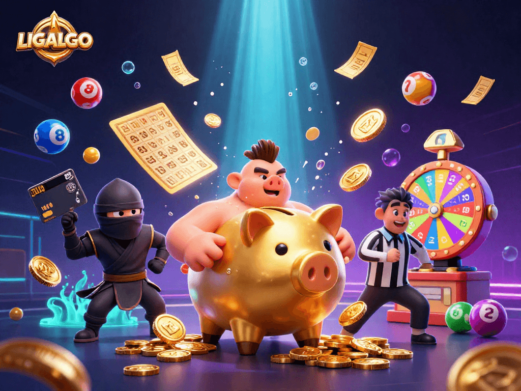 LIGALGO engages players with a lively scene of a golden piggy bank sumo wrestler and dynamic casino elements.