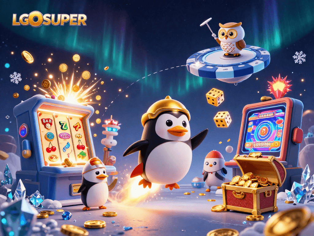 Experience gaming excitement with LGOSUPER's golden penguin and jackpot slots in an animated cosmic scene.