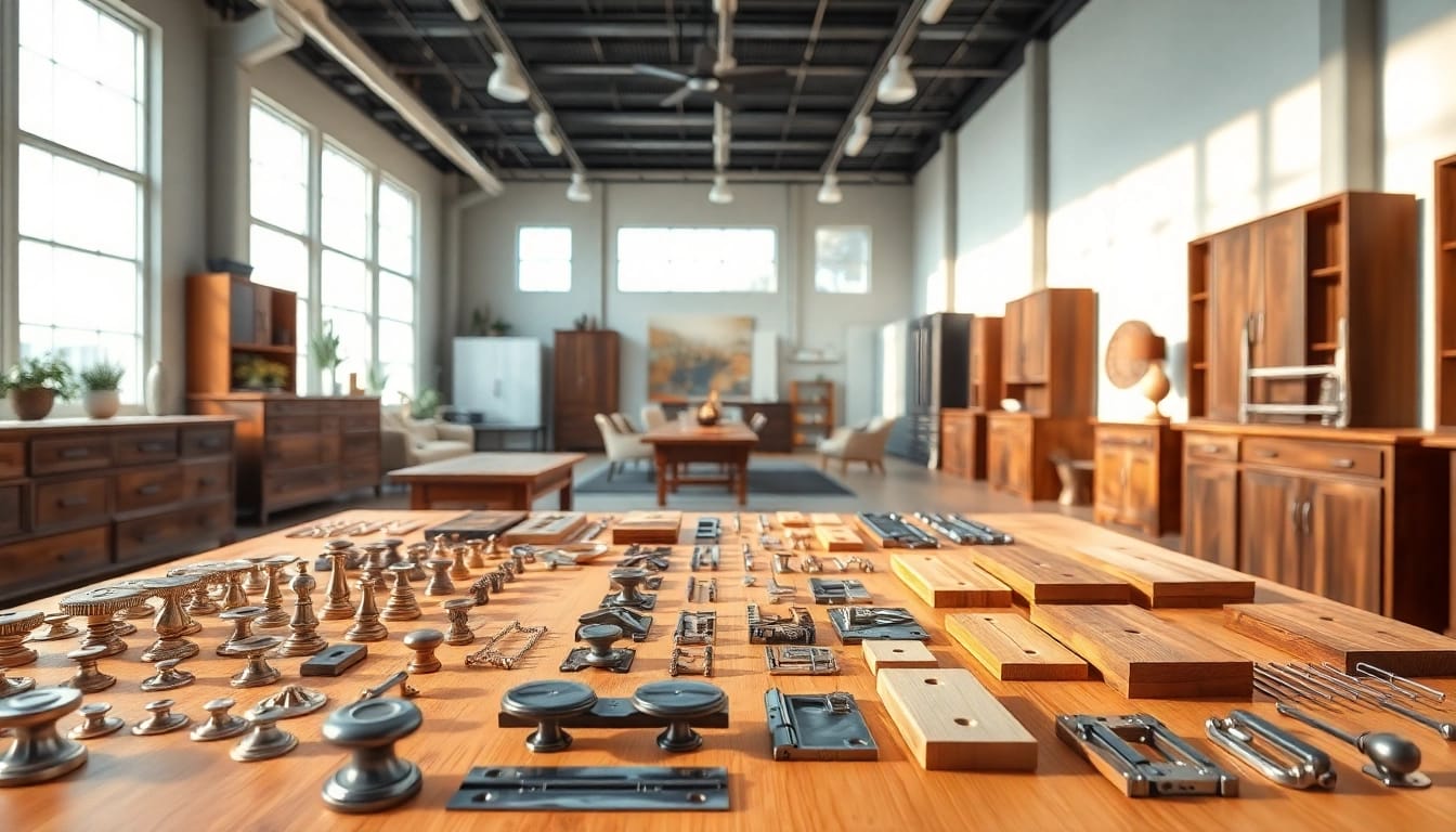 Showcase of a furniture hardware supplier's products and samples in a well-lit showroom.
