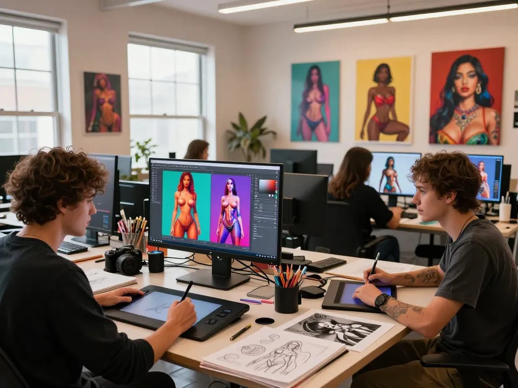 Diverse artists collaborating on AI pornographic art projects in a modern studio.